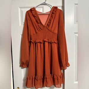 Burnt orange altar’d state mini dress with ruffle and dots detailing